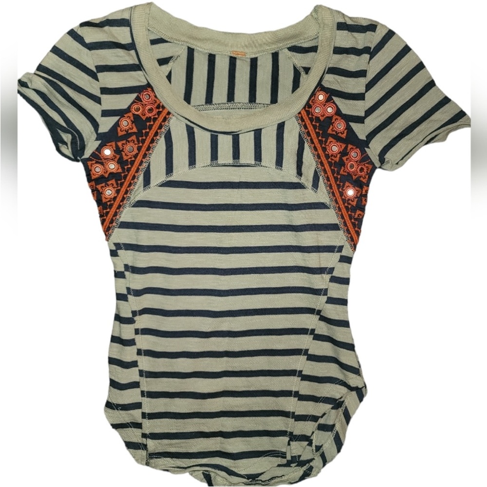 Free People Striped Short-Sleeve Tee with Orange Embroidered Accents, XS